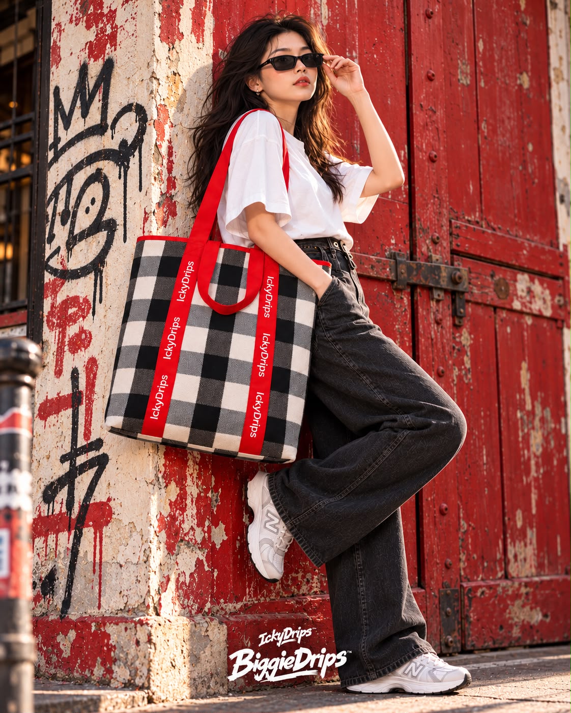 BiggieDrips™ tote with red handles carried beside a red doorway