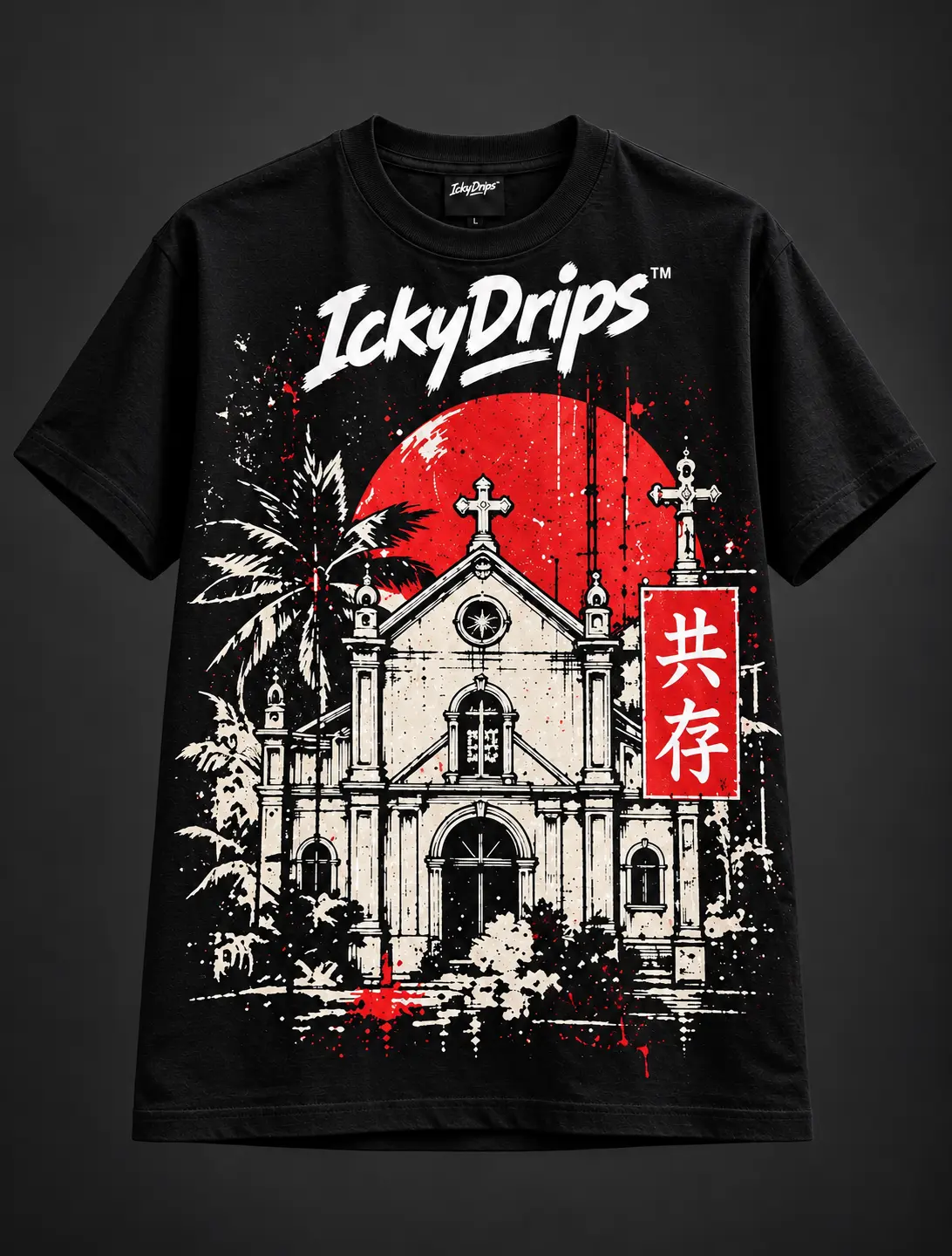 Black Faiths T-shirt with a church, palm tree and red sun print beside the IckyDrips logo