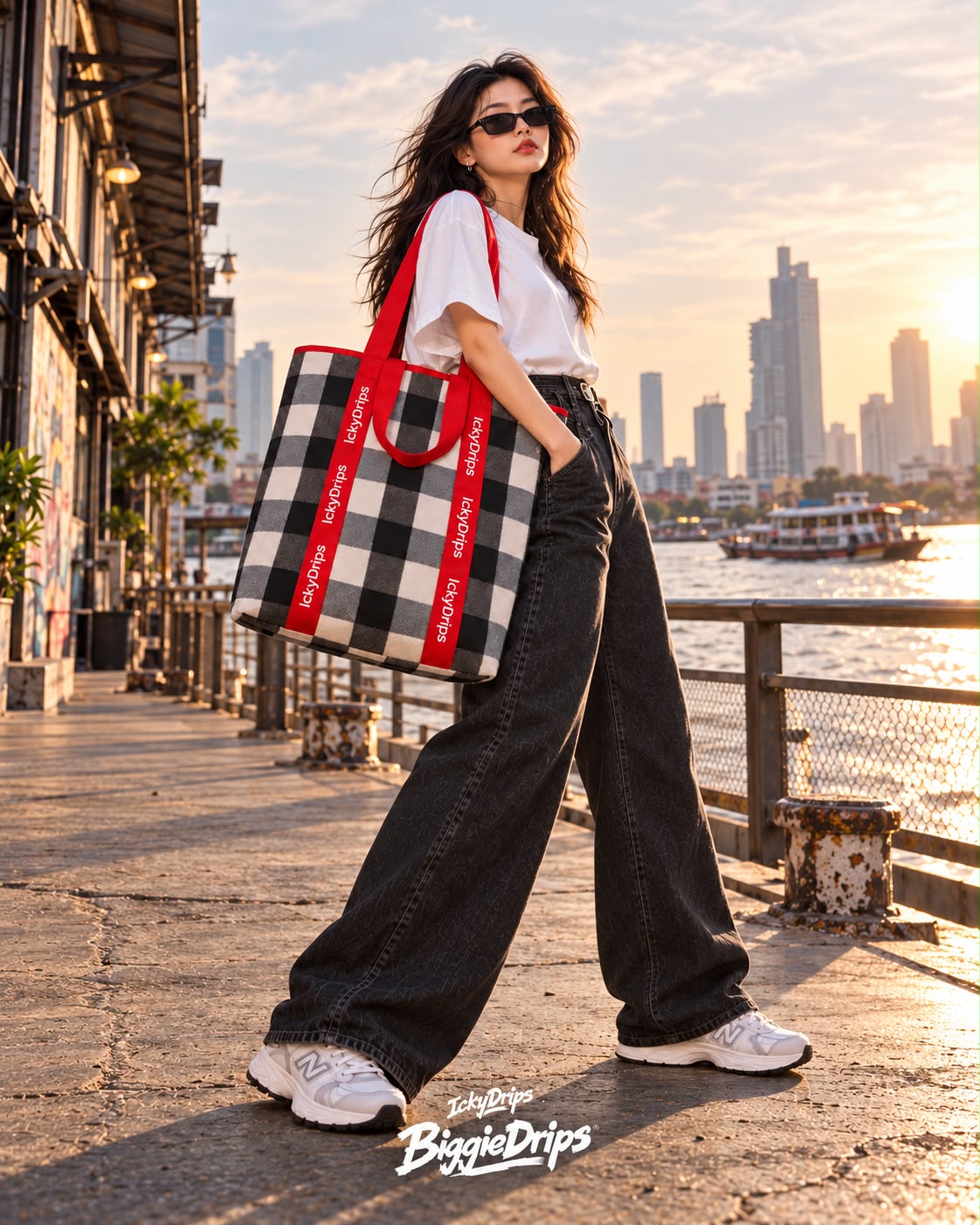 BiggieDrips™ tote with red handles carried beside the Bangkok riverfront
