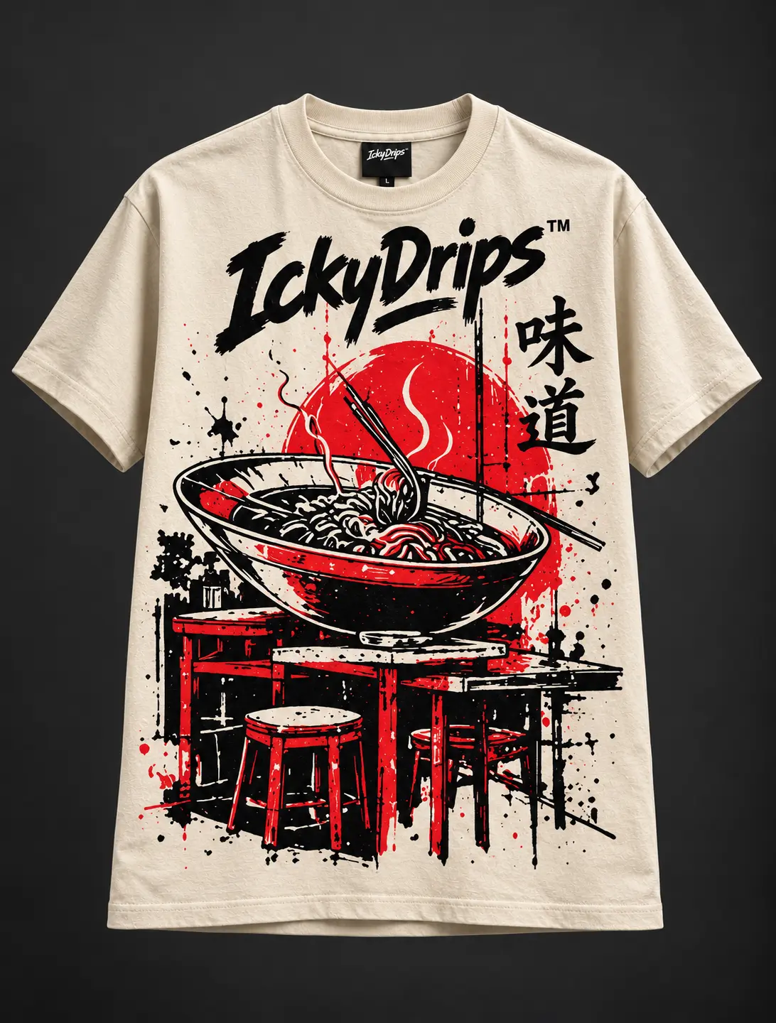 Bone Noodles T-shirt with a noodle bowl, red stools and red sun print