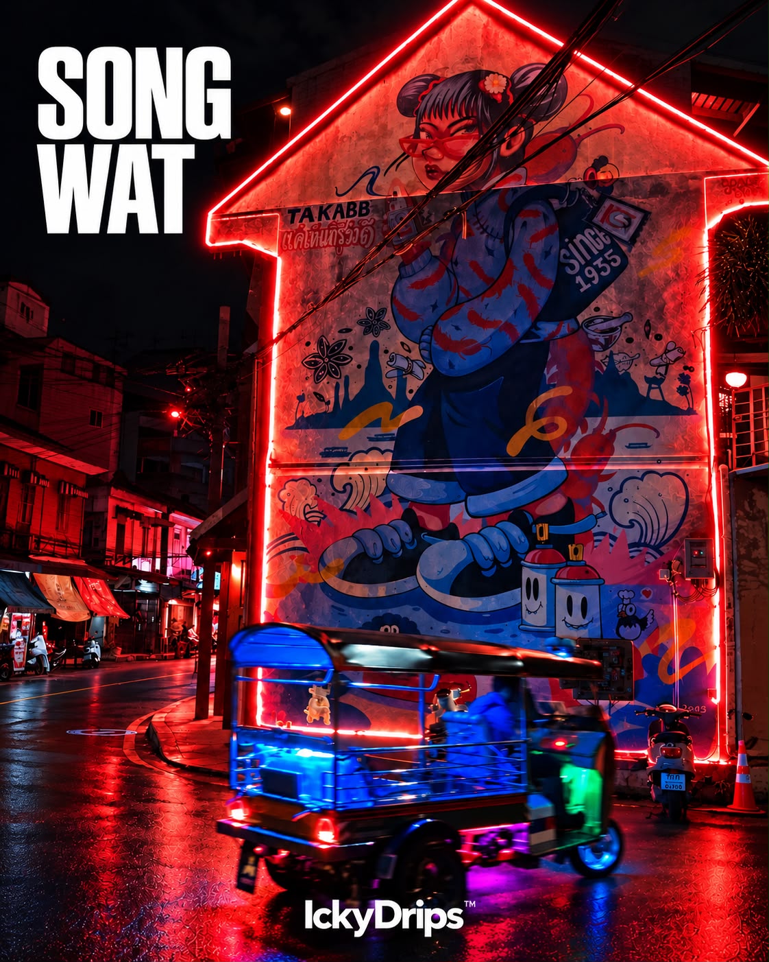 Songwat mural illuminated in red with a tuk-tuk passing at night