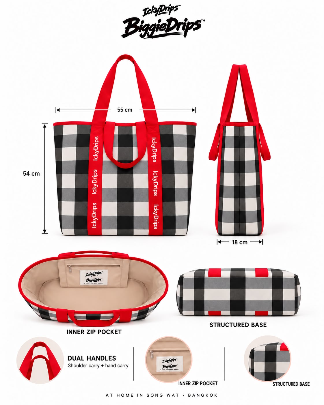 BiggieDrips™ technical reference showing dimensions, inner zip pocket, dual carry handles and structured base