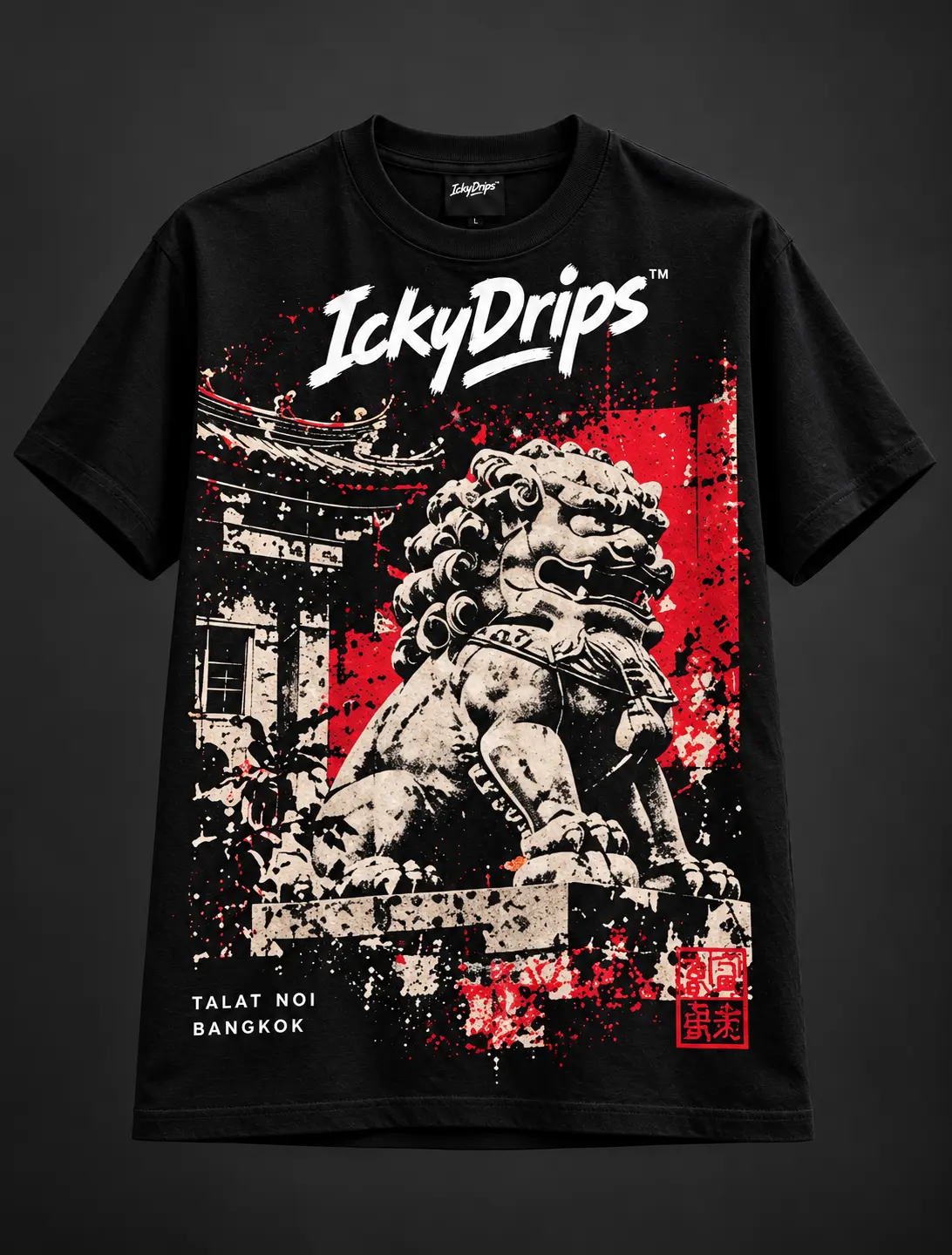Black Guardians T-shirt with a stone guardian lion and temple roof print on red