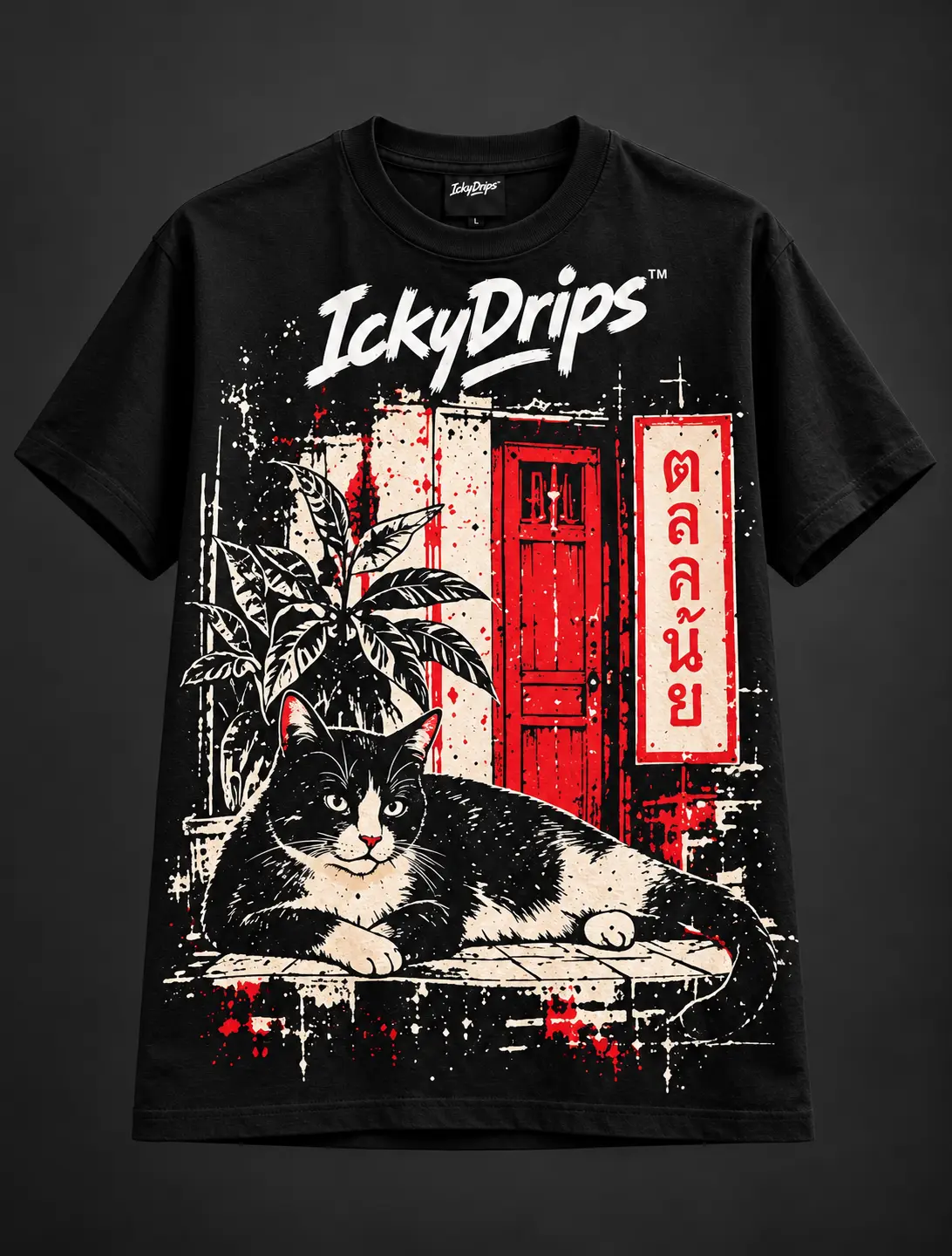 Black Nine Lives T-shirt with a cat lying by a red door and a Thai Talat Noi sign