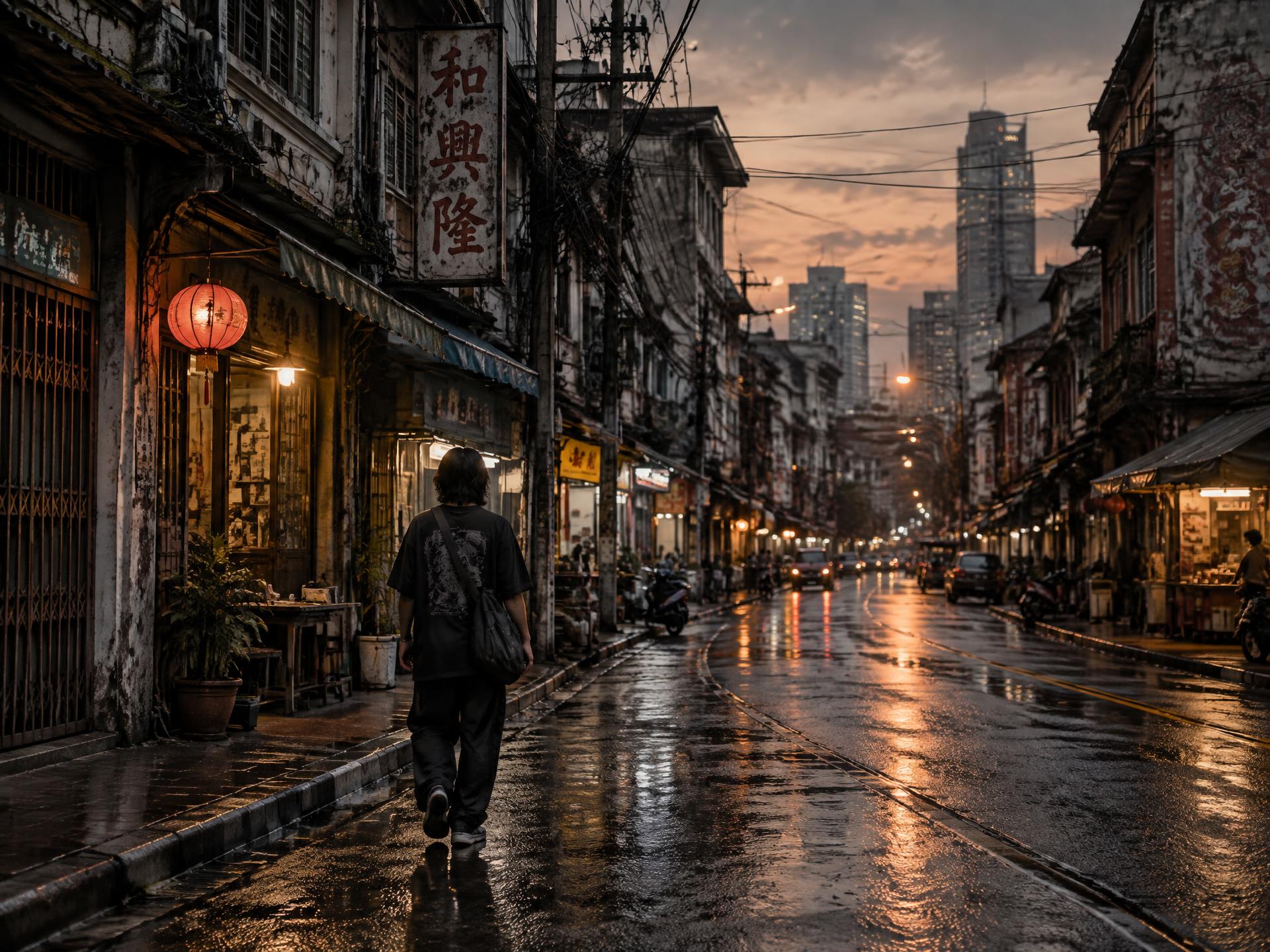Songwat road at dusk with shophouses, overhead cables and wet asphalt