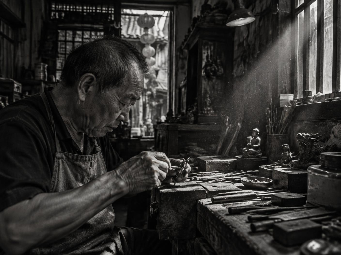 Craftsman working at a cluttered bench in a Bangkok Chinatown workshop